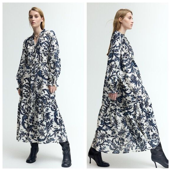 H&M Ruffle Collar Maxi Dress Womens Sz L Blue Floral Long Sleeve Smocke Cuff - Picture 1 of 13